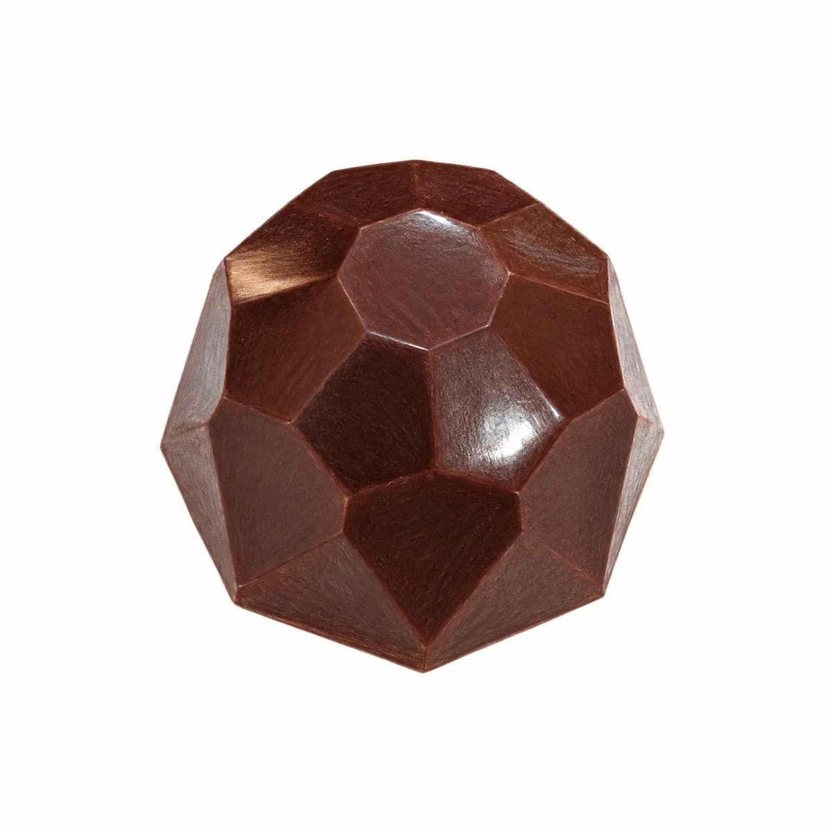 Praline artisanale facettée en chocolat noir, garnie d’un praliné noisette aux noisettes caramélisées.