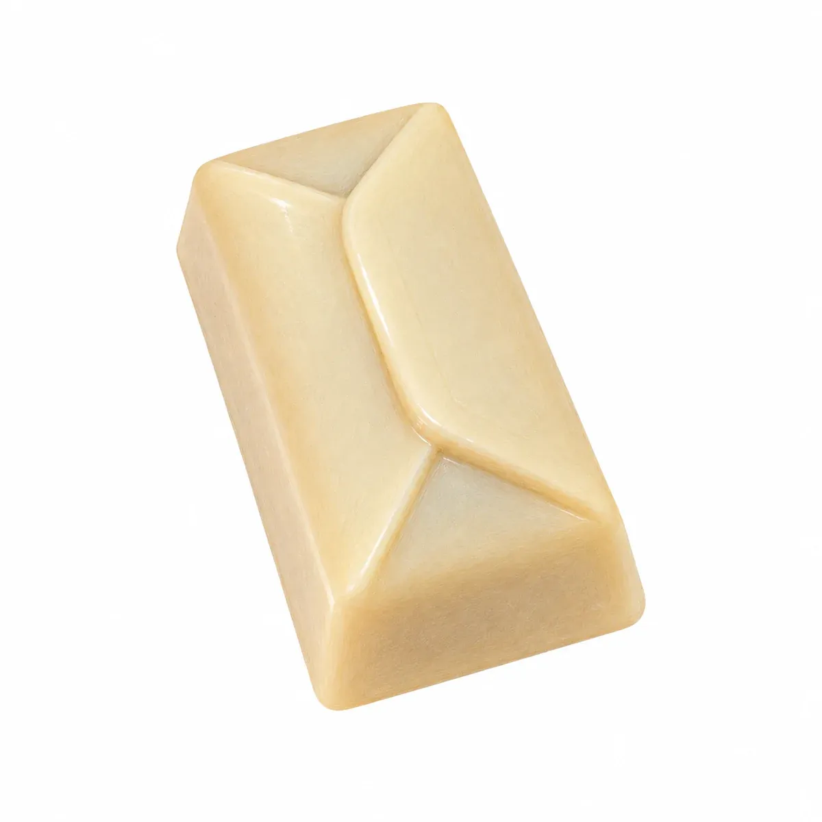 Praline artisanale rectangulaire en chocolat blanc, garnie d’un caramel biscuité croustillant.