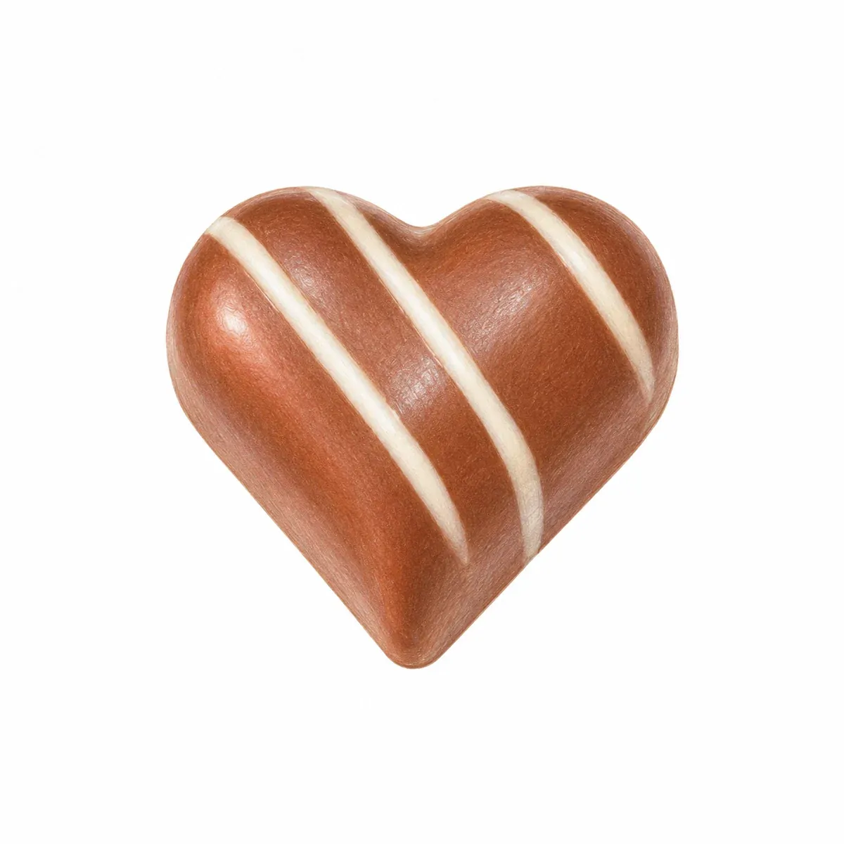 Praline artisanale en forme de cœur en chocolat au lait, décorée de fines lignes blanches, fourrée d’une mousse au cuberdon.
