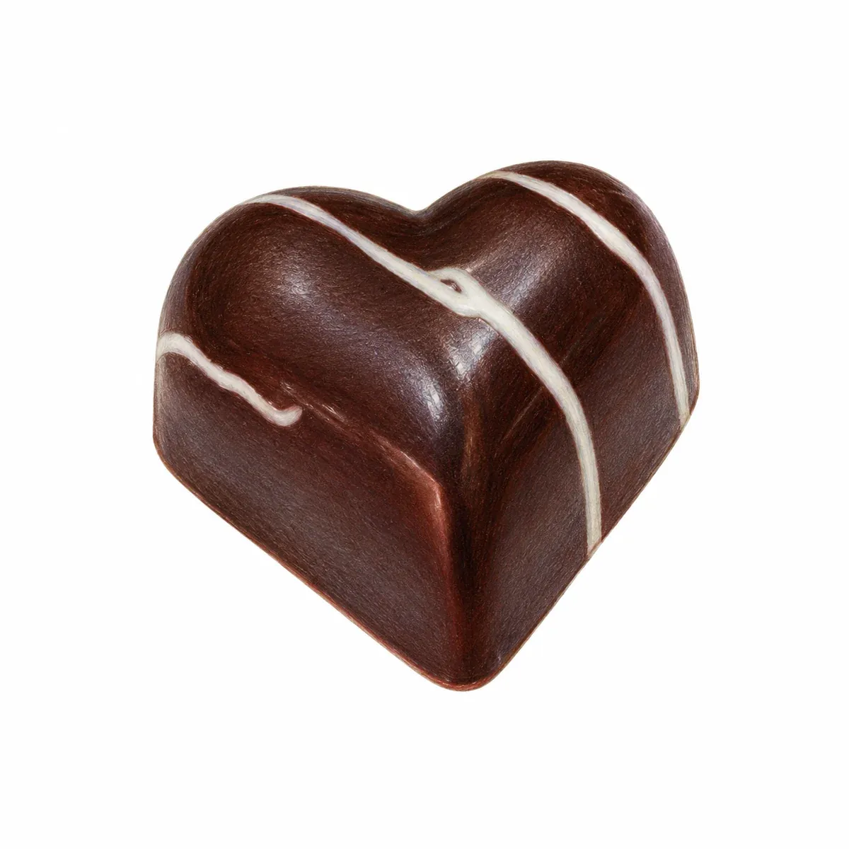 Praline artisanale en forme de cœur en chocolat noir, décorée de fines lignes claires, fourrée d’une mousse au cuberdon.