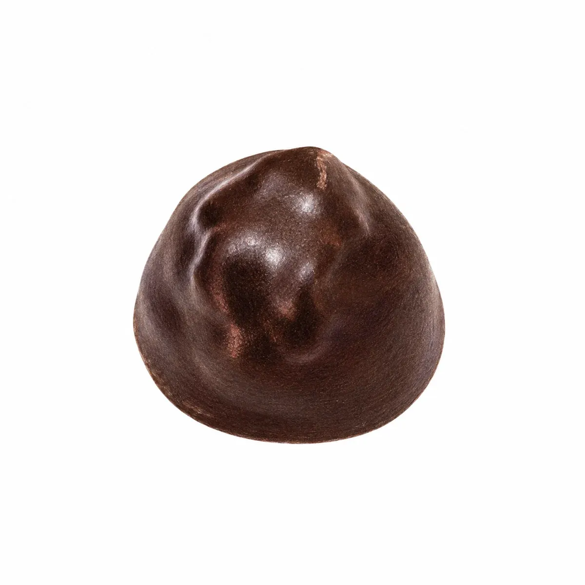 Praline artisanale arrondie en chocolat noir, garnie d’une ganache au chocolat noir et à la purée de framboise.
