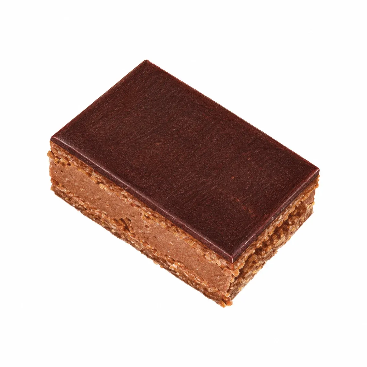 Praline artisanale rectangulaire enrobée de chocolat noir, garnie d’un gianduja intense aux notes légèrement salées.