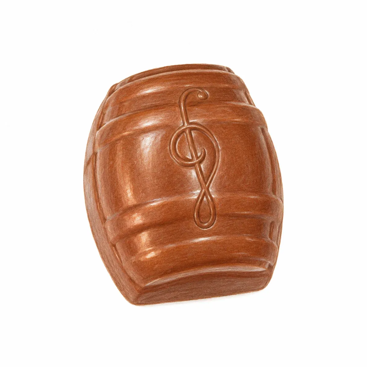 Praline artisanale en chocolat au lait, décorée d’une note de musique, garnie d’une ganache au café et d’une ganache au whisky.