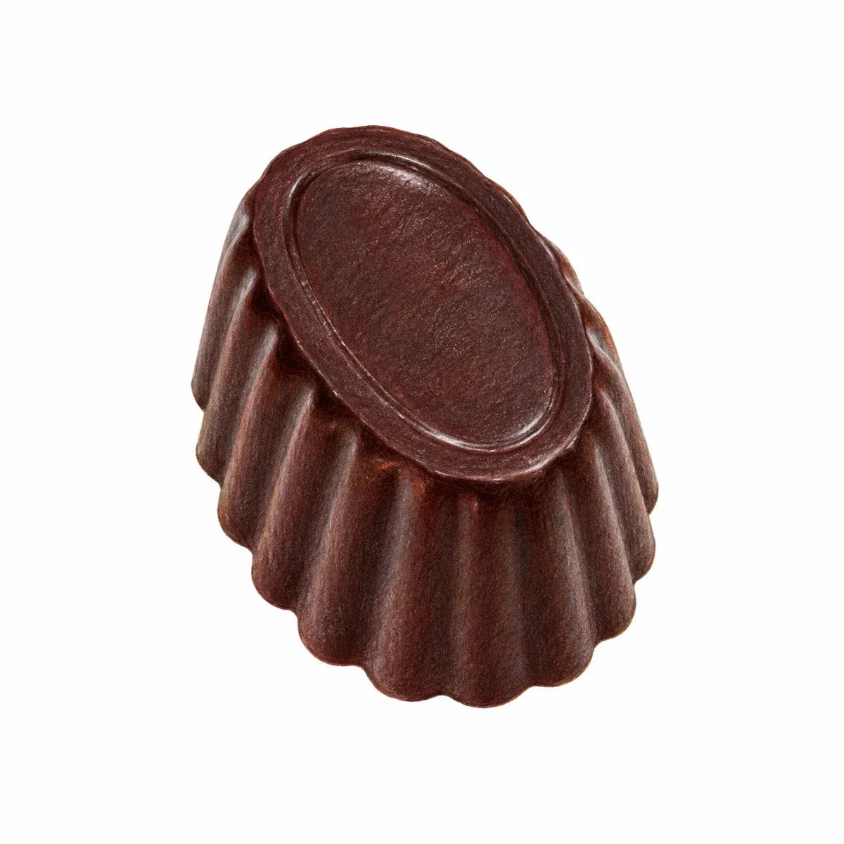 Praline artisanale en chocolat noir, de forme ovale et cannelée, garnie d’une ganache au jus de kalamansi.