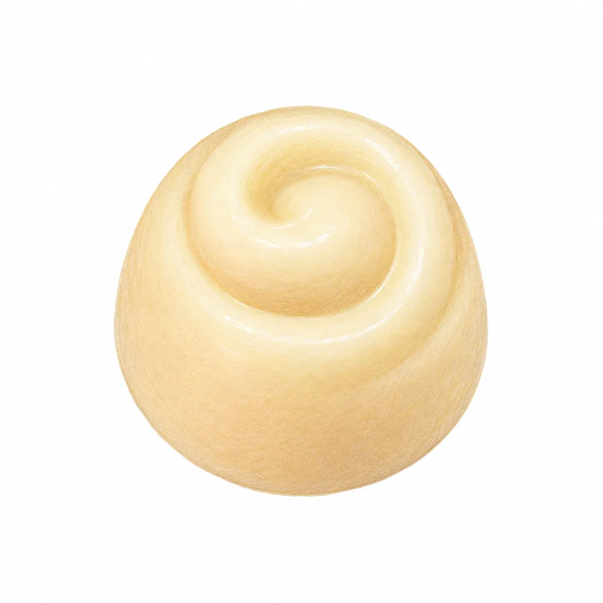 Praline artisanale arrondie en chocolat blanc, garnie d’un intérieur au riz au lait.