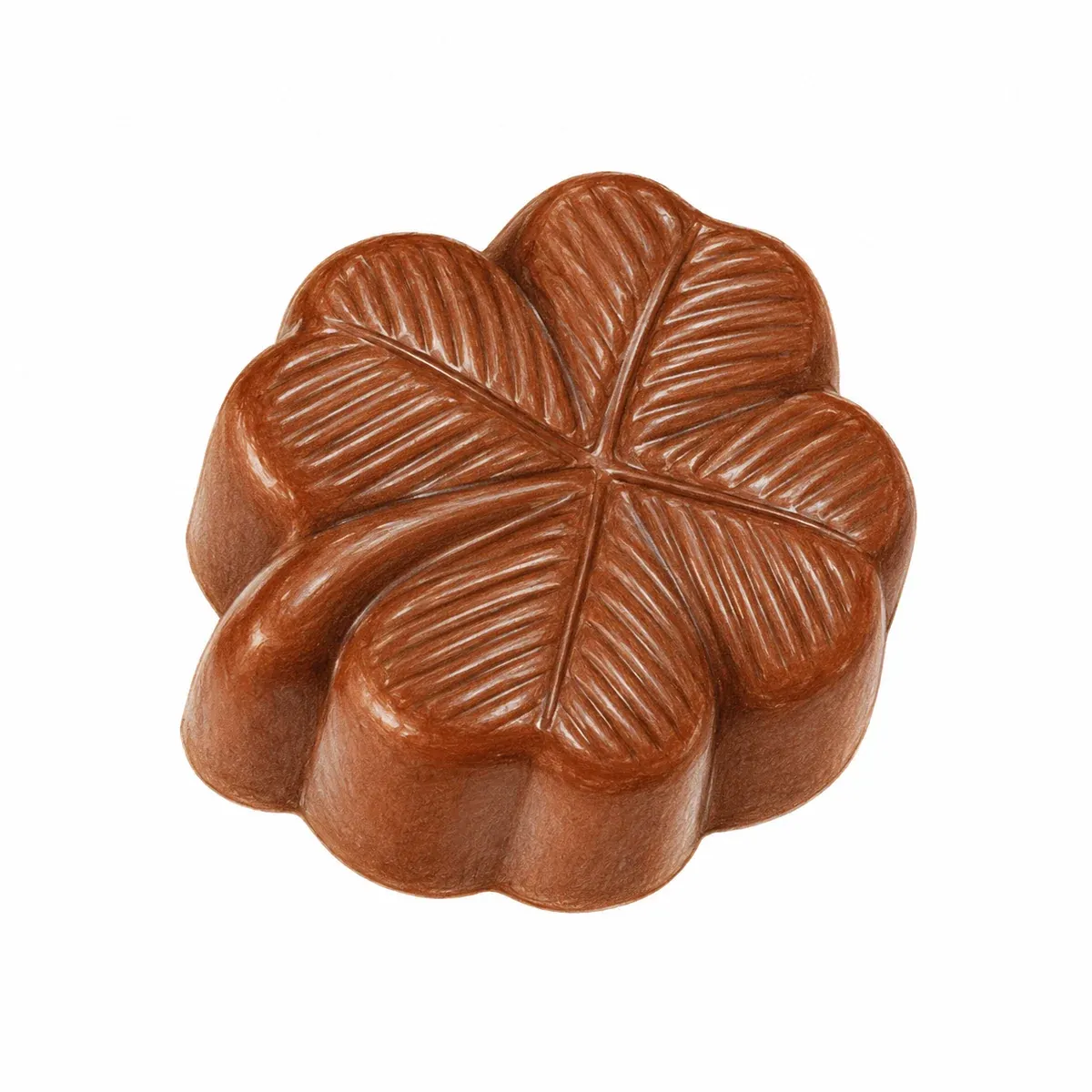 Praline artisanale en forme de trèfle, en chocolat au lait, garnie d’une ganache au spéculoos et d’éclats de spéculoos.