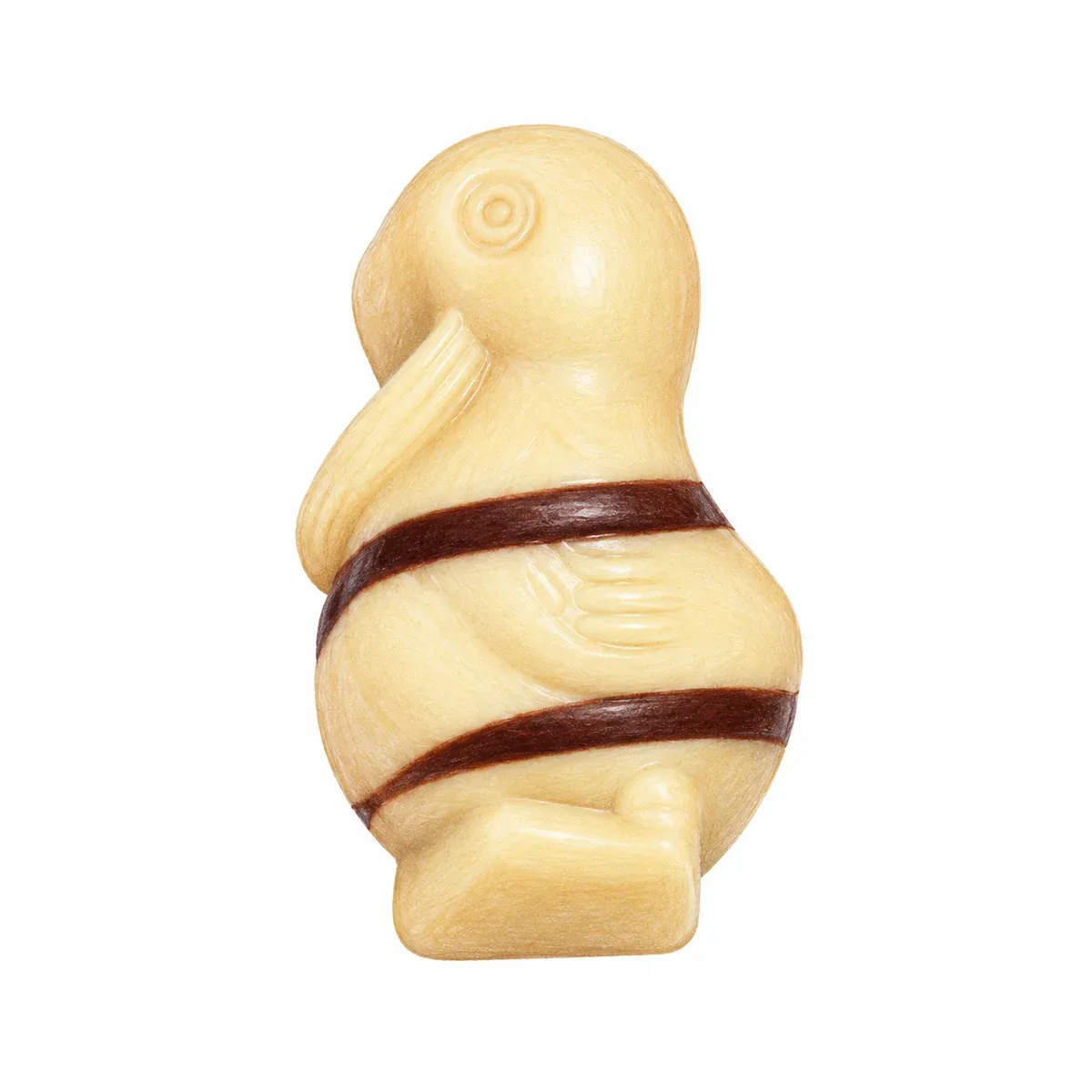 Praline artisanale en chocolat blanc, de forme fantaisie, garnie d’un praliné noisette au sucre pétillant.