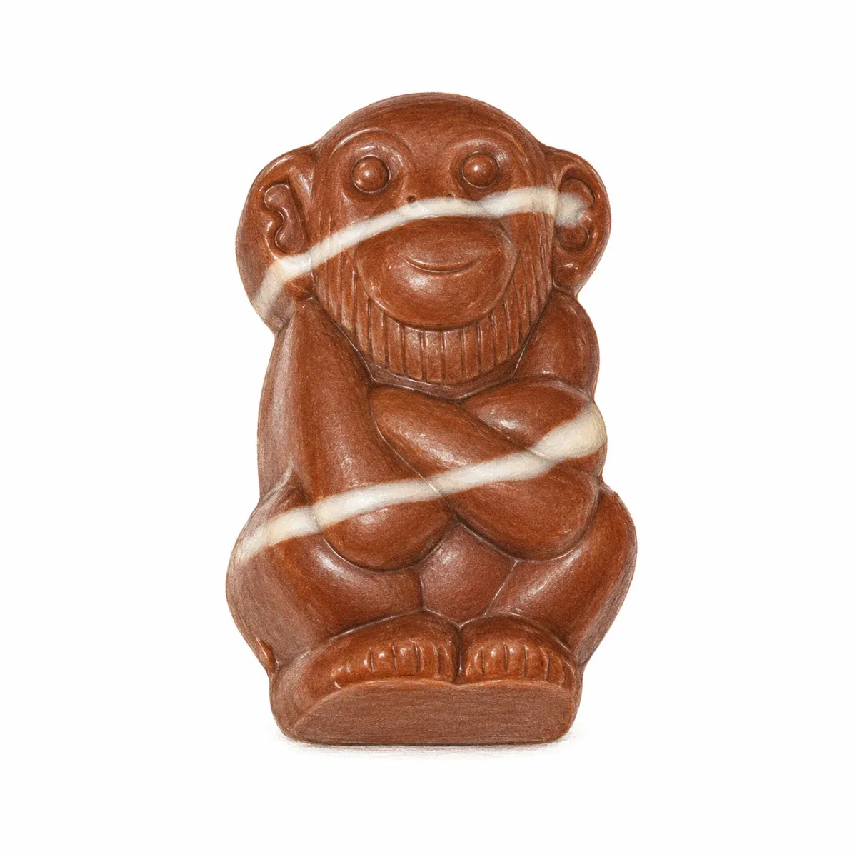 Praline artisanale en chocolat au lait, de forme fantaisie, garnie d’un praliné noisette au sucre pétillant.