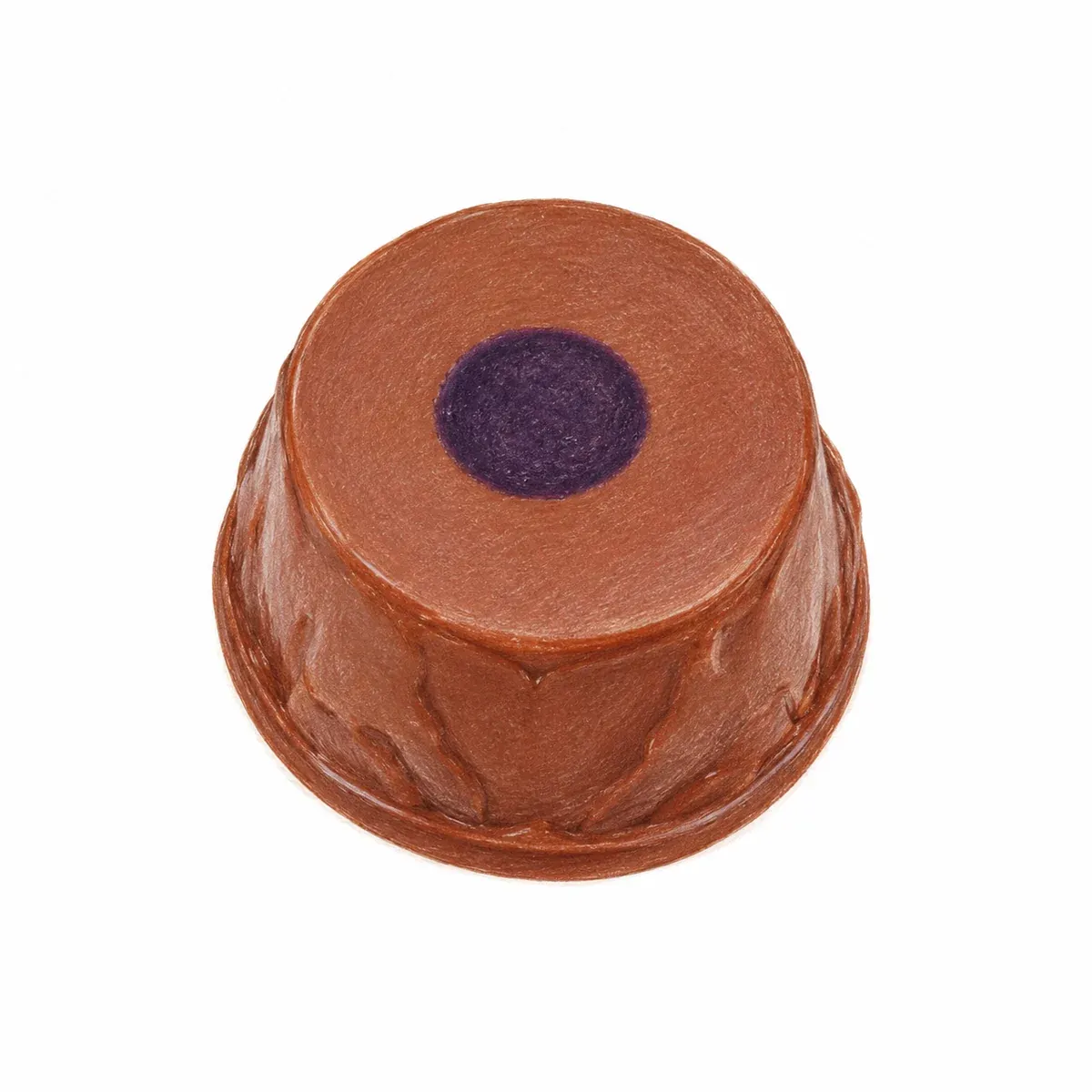 Praline artisanale ronde en chocolat au lait, marquée d’un point violet, garnie d’une ganache à la violette.